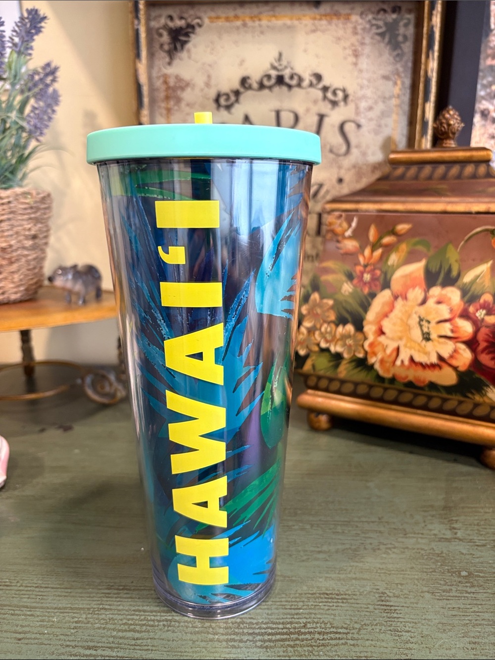 STARBUCKS Hawaii Tumbler Tropical Palm Blue/Green Venti Acrylic 24 Oz Cup 2016
